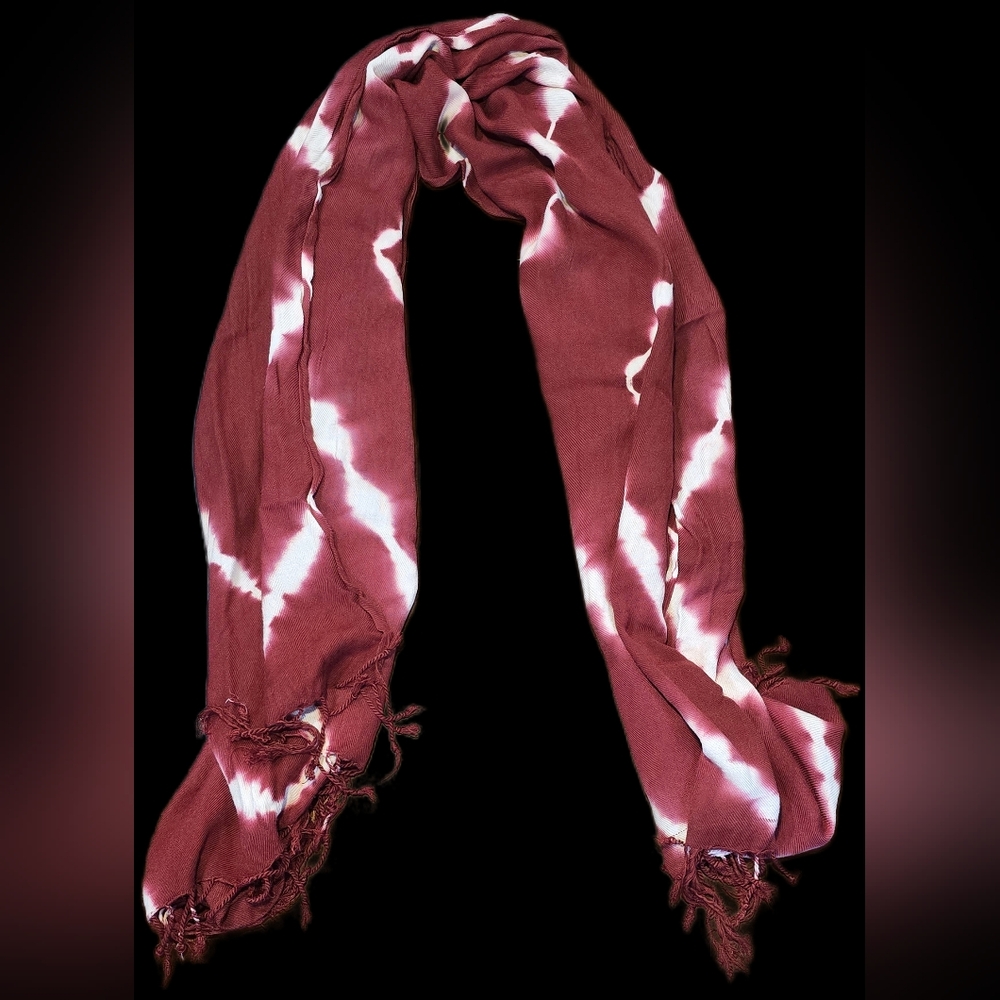 World Market Sophisticated Bohemian Maroon & White Tie-dye Scarf w/ Fringe